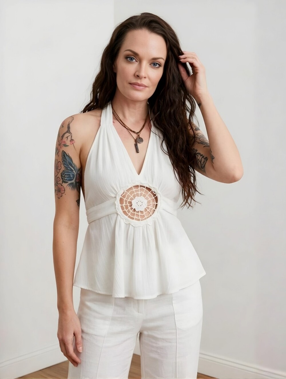 Women’s White Halter Crochet-Detail Blouse